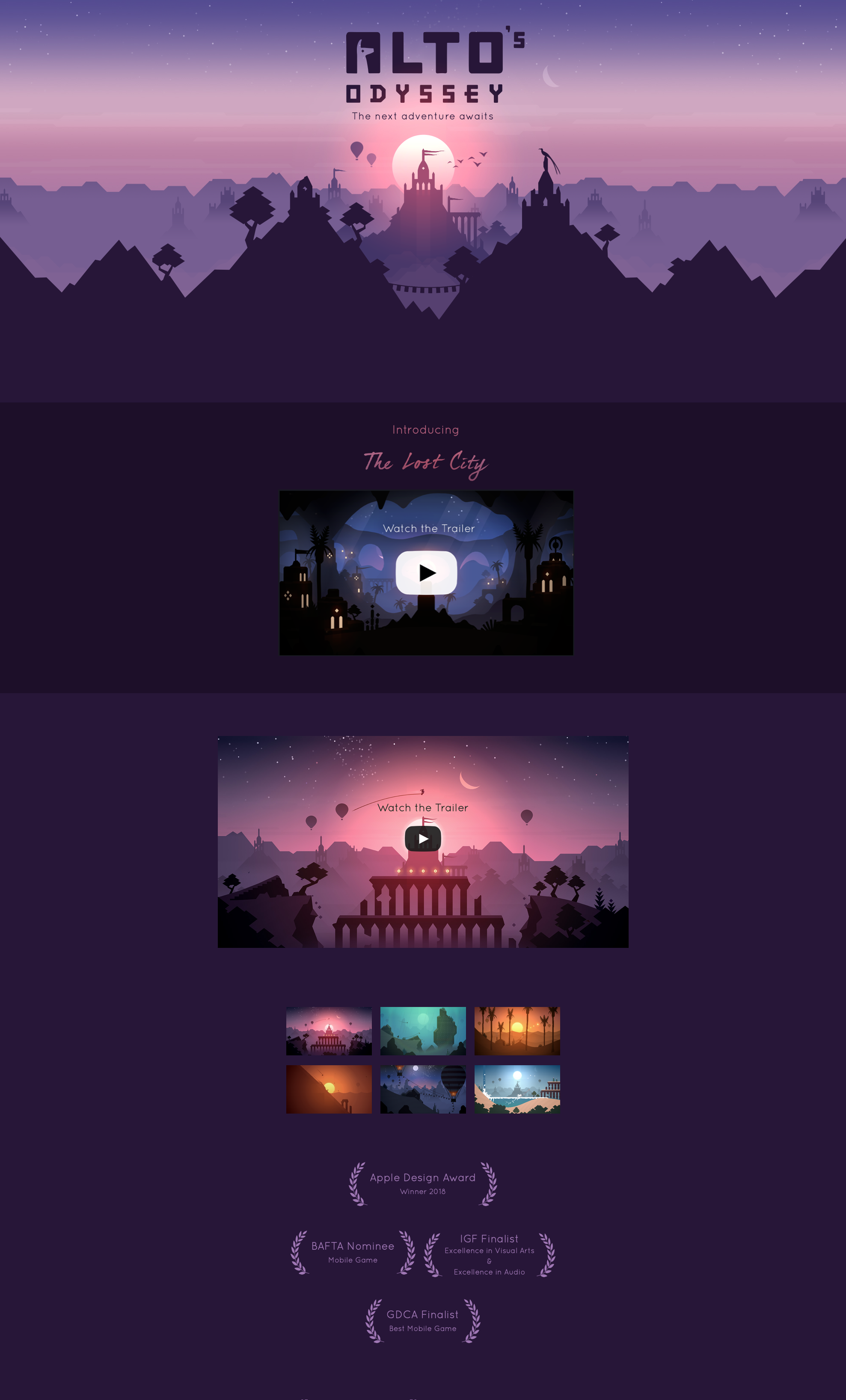 Alto's Odyssey Entertainment website - Award-winning mobile adventure game with serene desert landscapes and minimalist hand-crafted art style. Rich purple and pink palette creates a contemplative, meditative atmosphere with warm sunset tones