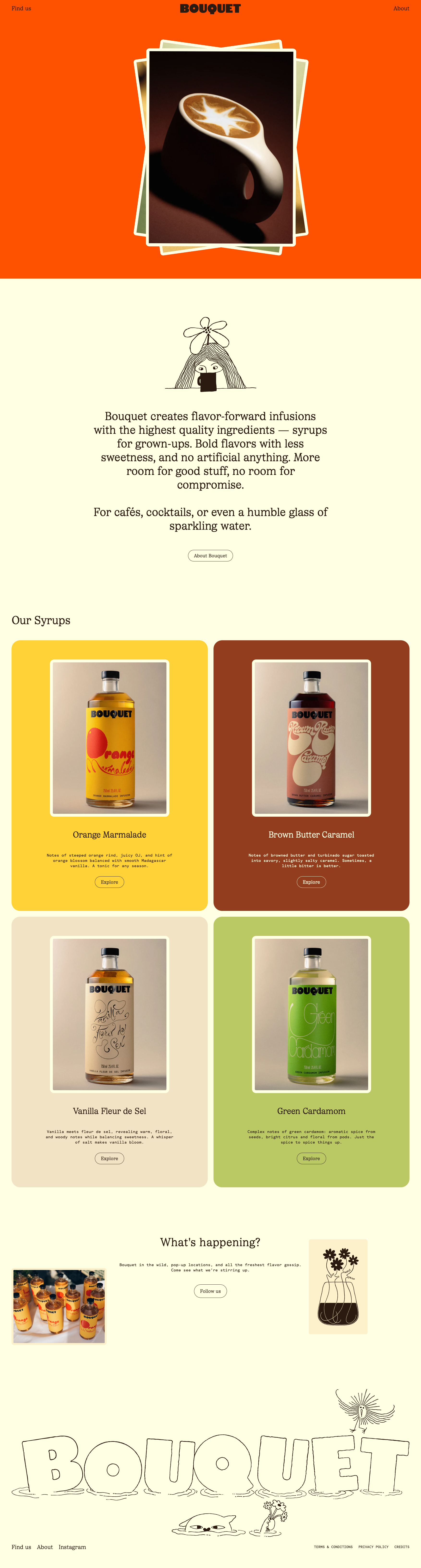 Bouquet Infusions E-commerce website - Specialty syrup company creating flavour-forward infusions for grown-ups. Premium artisanal aesthetic with warm vibrant orange and golden yellow palette, custom serif typography, and playful hand-drawn illustrations