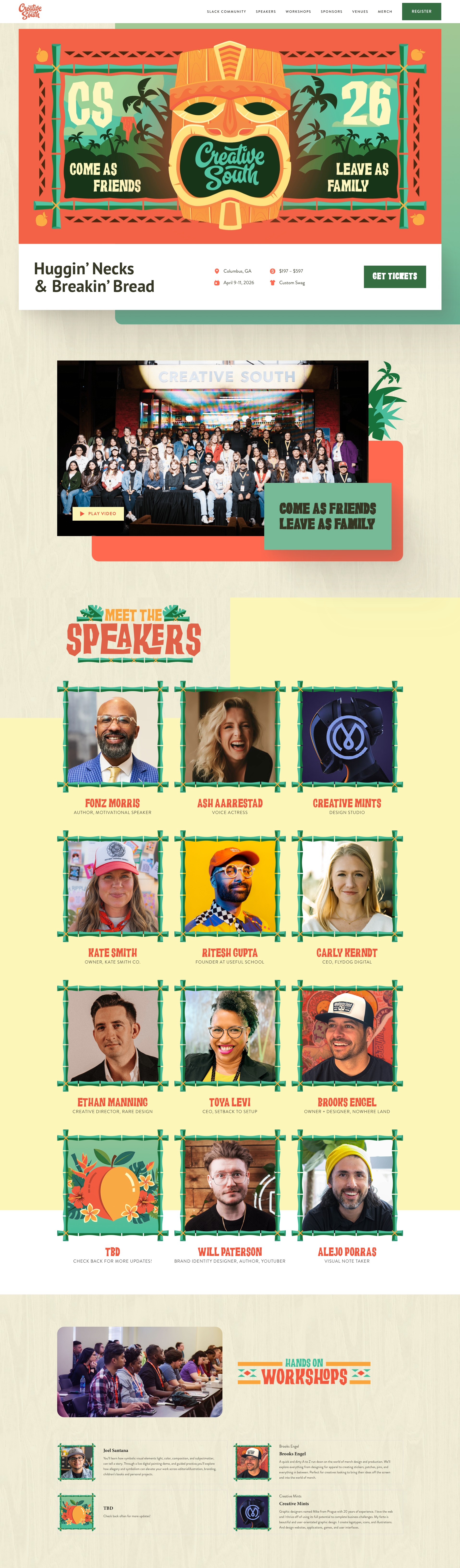 Creative South 2026 Events website full page screenshot showing light colour scheme with 6 colours - Annual design conference in Columbus, GA with warm, approachable aesthetic. Playful tropical tiki theme with earthy palette featuring vibrant orange, tropical greens, and soft cream tones creating an inviting, community-focused Southern atmosphere.