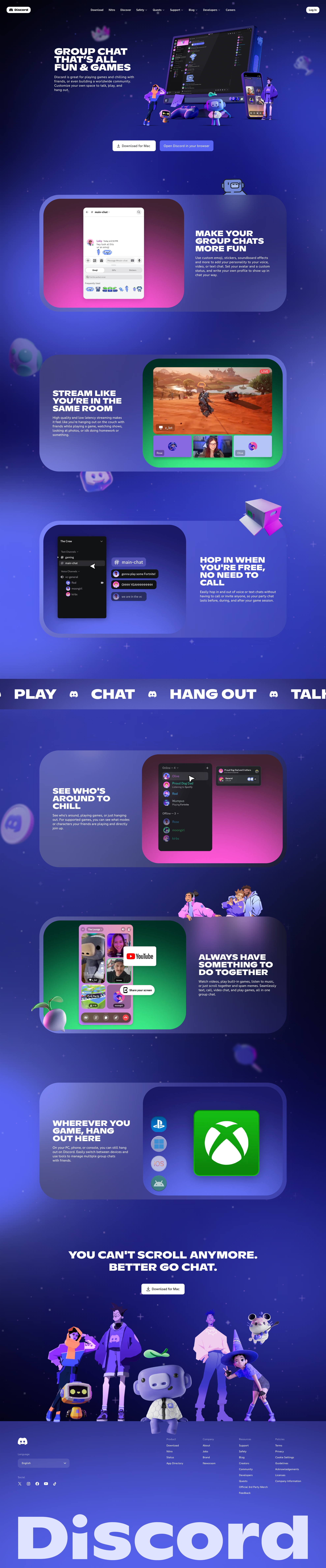 Discord SaaS website full page screenshot showing dark colour scheme with 5 colours - Voice, video, and text chat platform for communities and gamers. Clean, modern interface with distinctive blurple brand colour, dark theme optimised for extended use, and playful accent colours for status indicators.