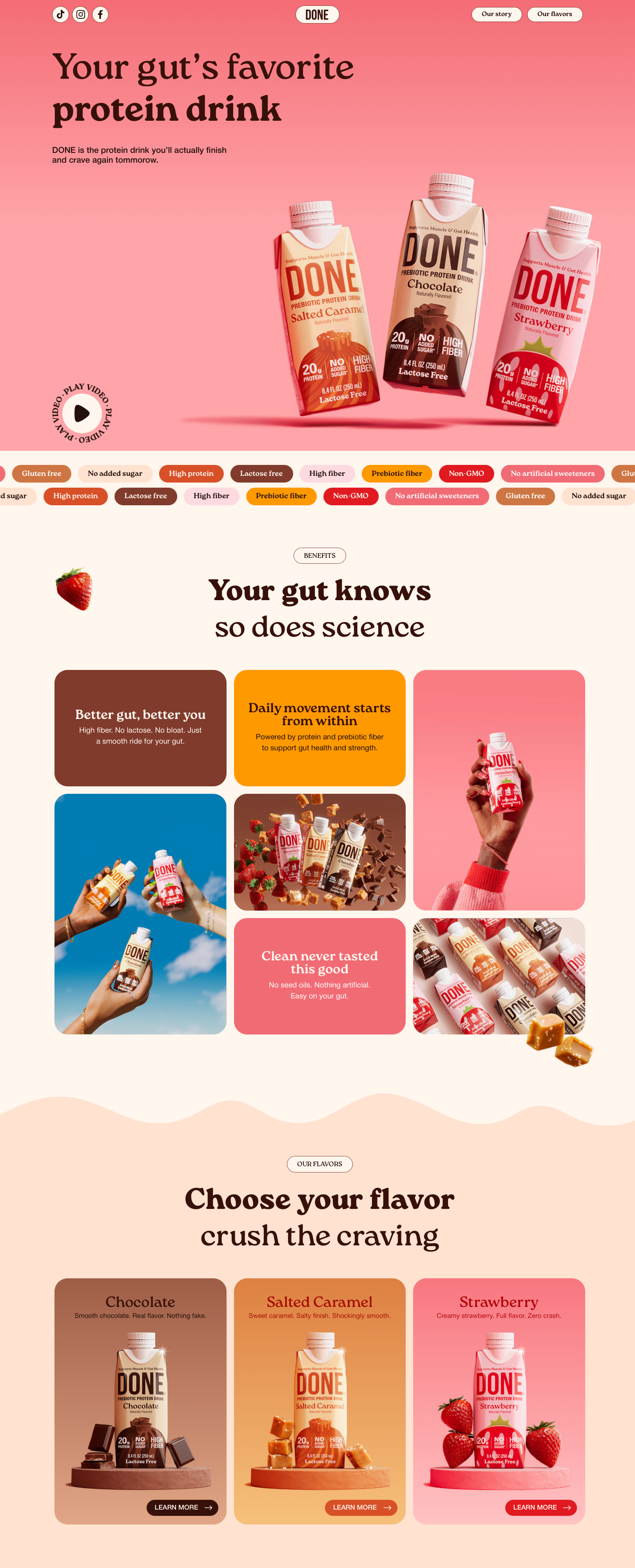 Done Drinks E-commerce website - Gut-friendly protein drinks with Nordic-inspired branding. Warm cream backgrounds with flavour-specific accent colours: deep brown for chocolate, vibrant orange for salted caramel, and bold red for strawberry