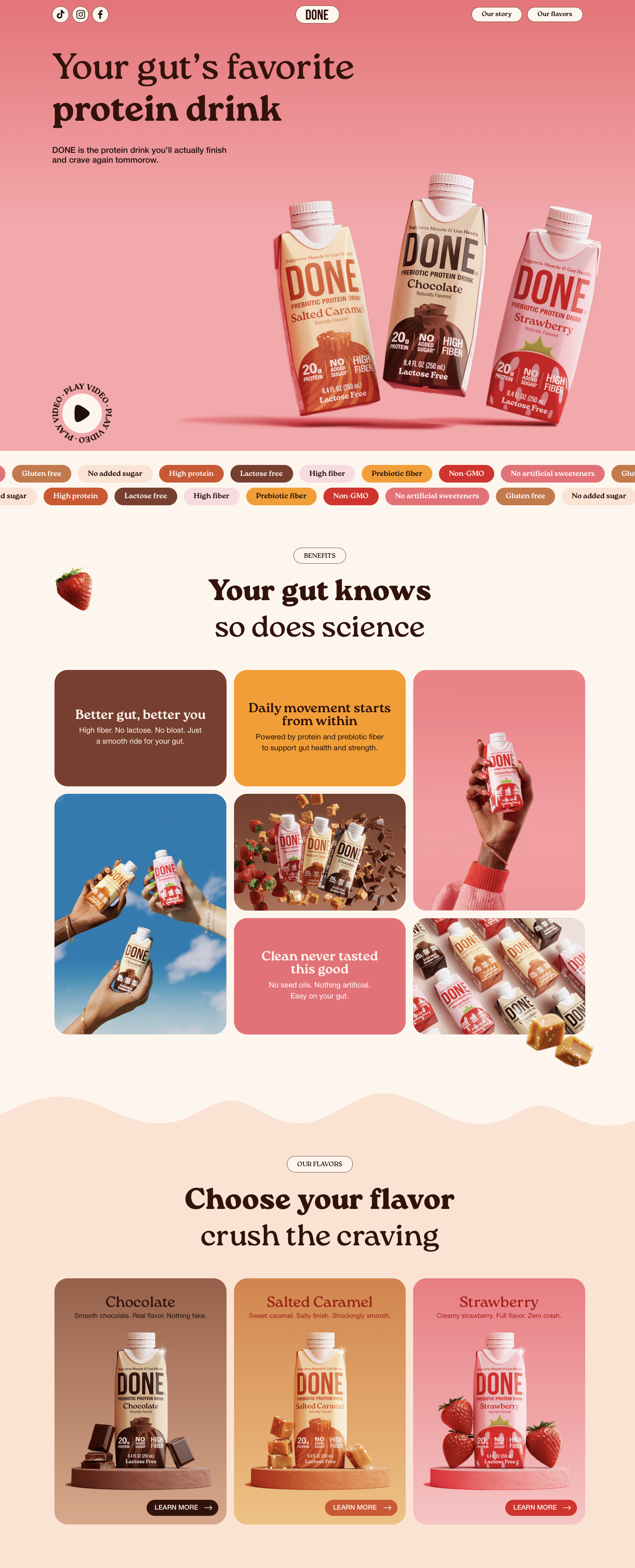 Done Drinks E-commerce website - Gut-friendly protein drinks with Nordic-inspired branding. Warm cream backgrounds with flavour-specific accent colours: deep brown for chocolate, vibrant orange for salted caramel, and bold red for strawberry.