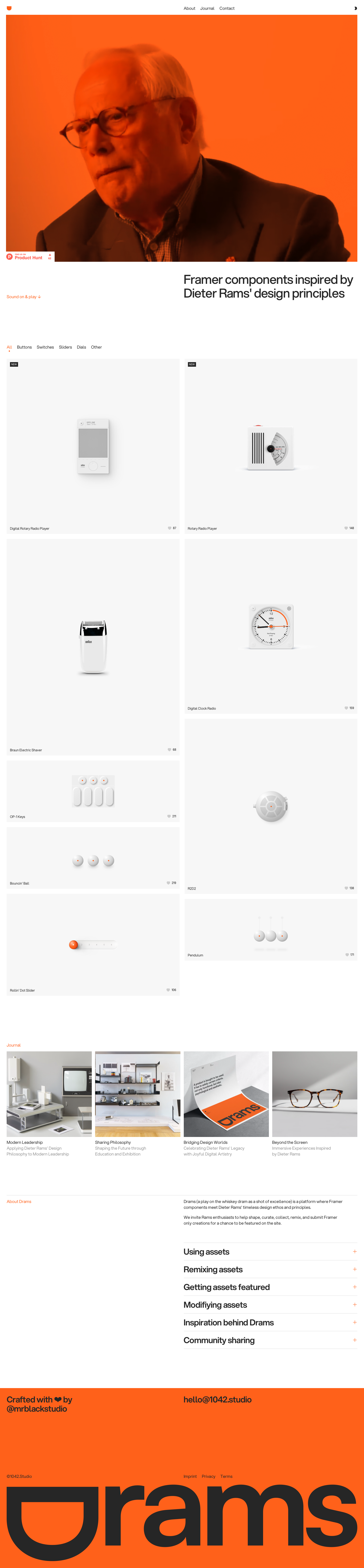 Drams UI Components website - Beautifully detailed skeuomorphic Framer components library inspired by Dieter Rams' design principles. Minimalist modern aesthetic with vibrant orange accent, clean typography, and generous whitespace embodying 'less but better' philosophy