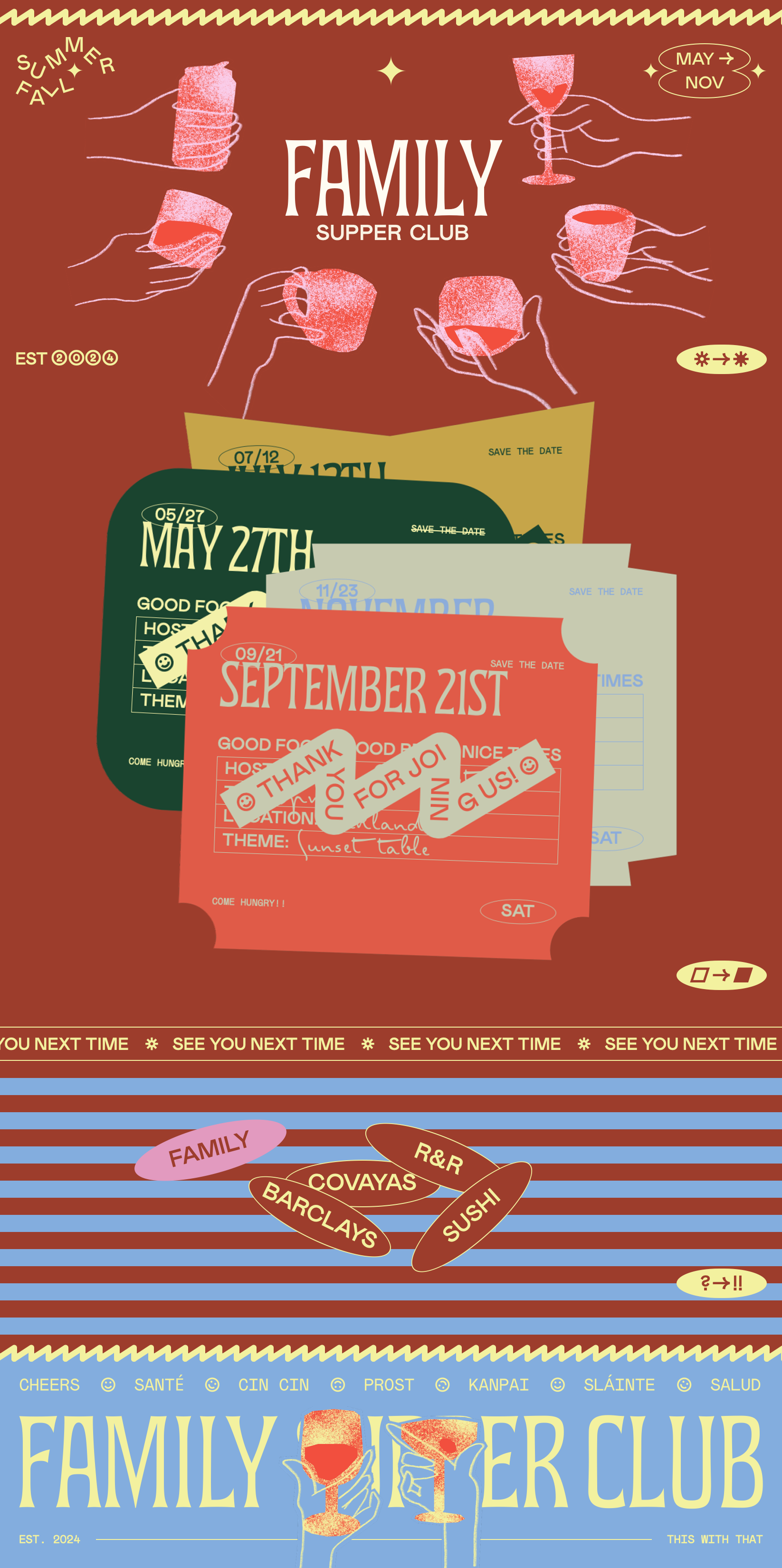 Family Supper Club Restaurant website - Intimate supper club bringing people together over good food and beverages. Playful, retro-inspired design with warm terracotta backgrounds and a pastel rainbow palette of yellow, pink, blue, and sage green