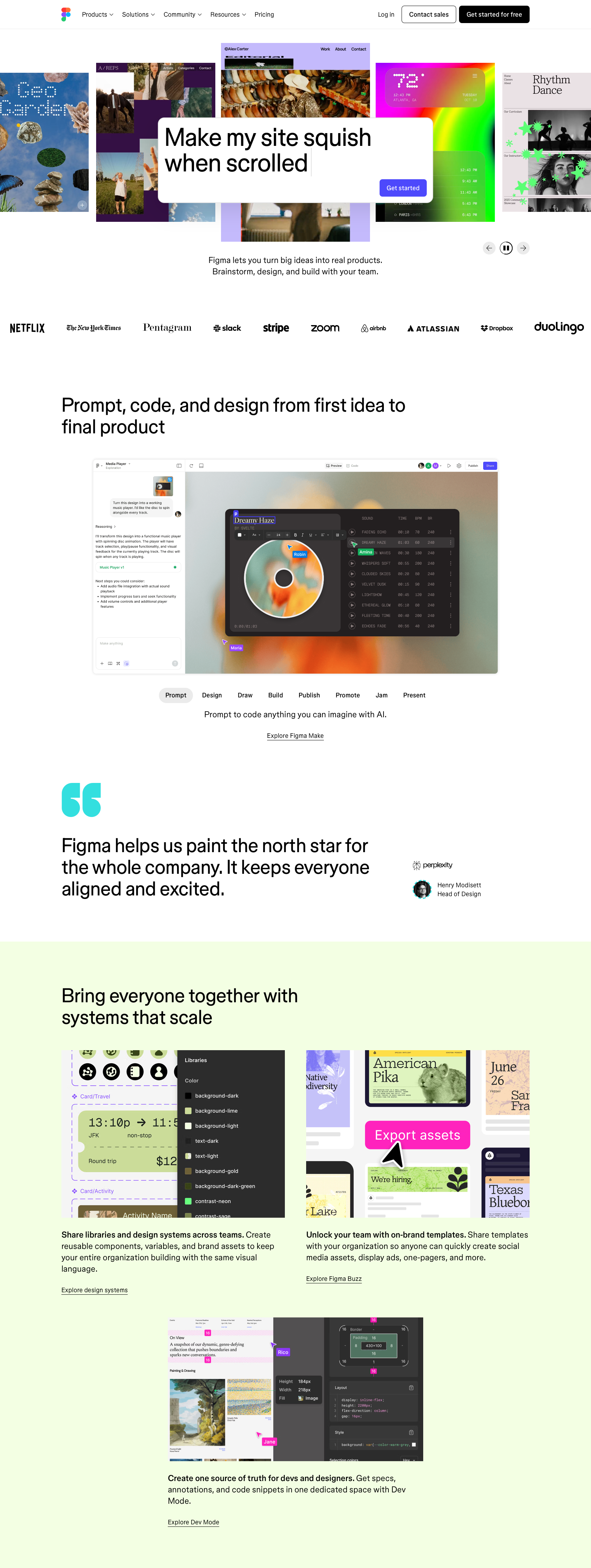 Figma SaaS website full page screenshot showing light colour scheme with 5 colours - Collaborative interface design tool with a minimalist black-and-white design system featuring high contrast. Clean, focused aesthetic that gets out of the way of the designer's work.