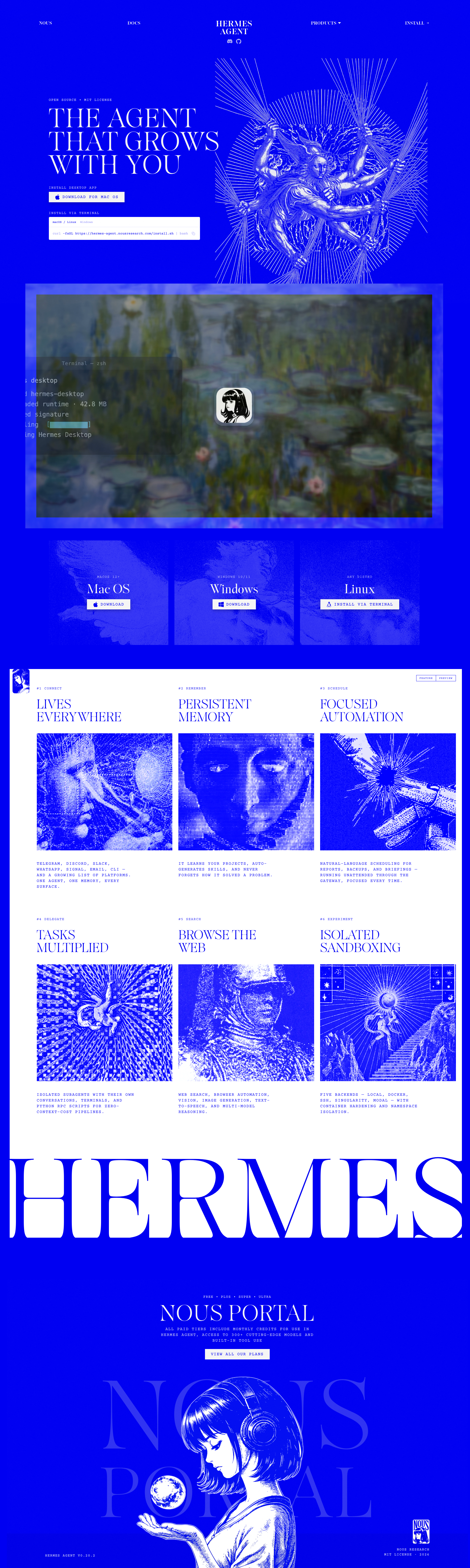 Hermes Agent SaaS website full page screenshot showing dark colour scheme with 4 colours - An almost pure blue (#0000f2) covering nearly the entire page, with off-white type and duotoned engraving-style illustrations sitting on top. What I like is the commitment — there's no gradient or tint softening it, just the one saturated blue broken up by a white feature section and a huge HERMES wordmark. The serif headings and monospace labels give it a printed, almost editorial feel that's unusual for a developer tool.