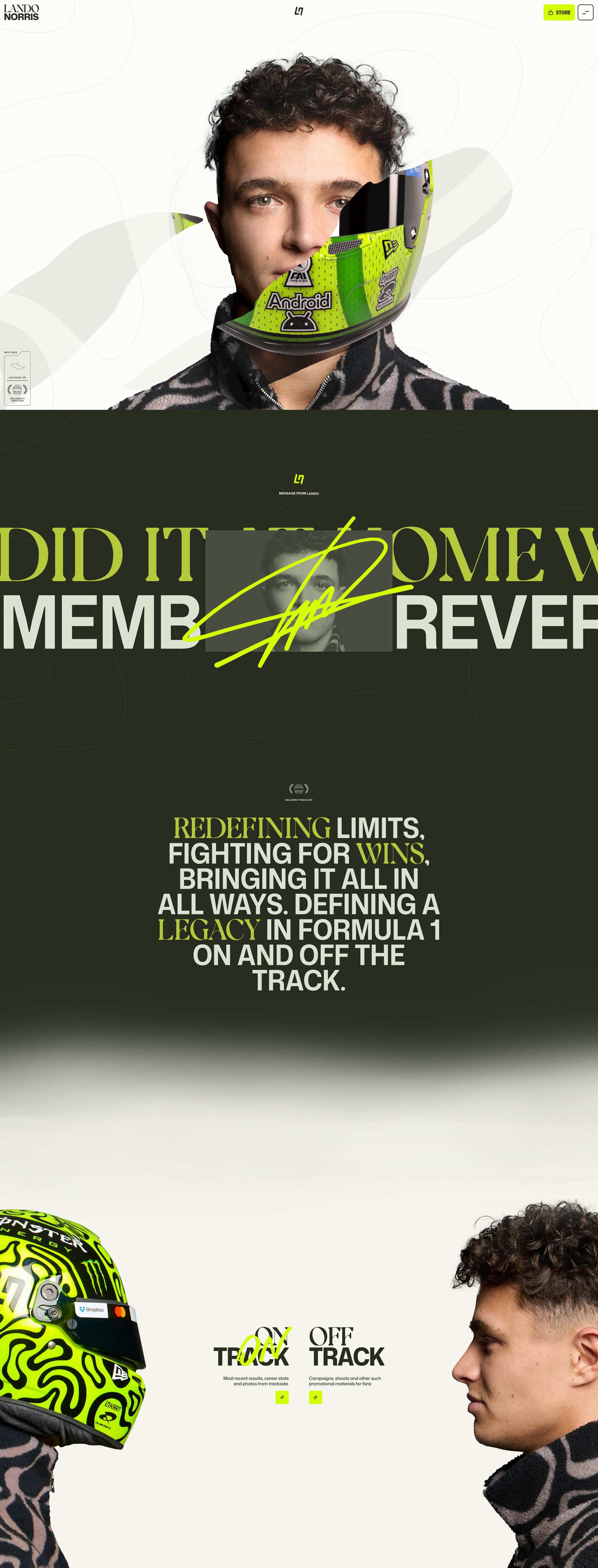 Lando Norris Personal Brand website - Formula 1 driver Lando Norris's personal website featuring high-level animation and beautifully executed interactivity. Dark muted colour palette with striking fluorescent lime green accents