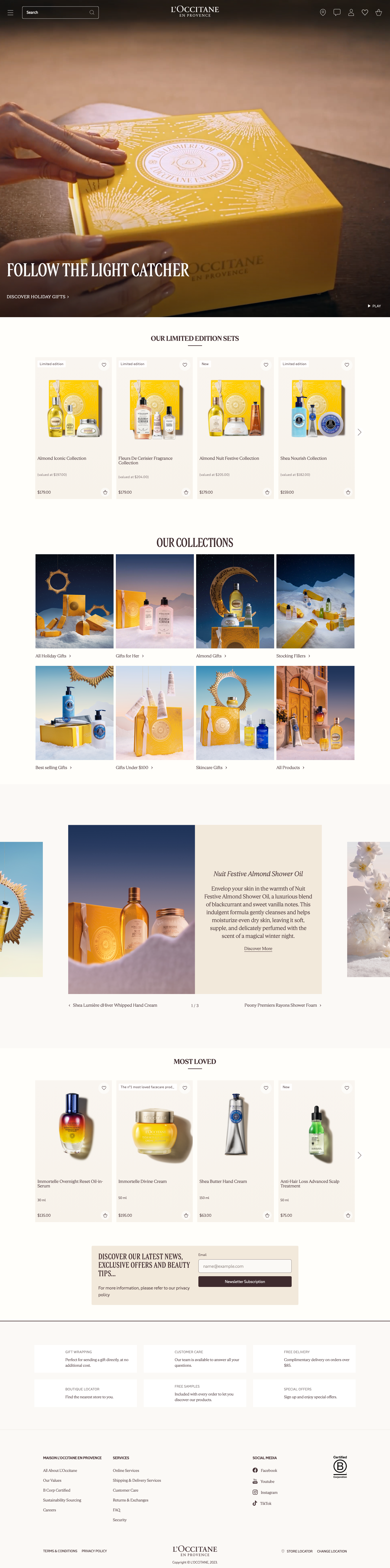 L'Occitane E-commerce website full page screenshot showing light colour scheme with 4 colours - Luxury French skincare and beauty brand inspired by Provence. Clean, elegant e-commerce design with warm earth tones, signature golden yellow from Provençal sunflowers, and soft cream backgrounds creating a natural, premium aesthetic.