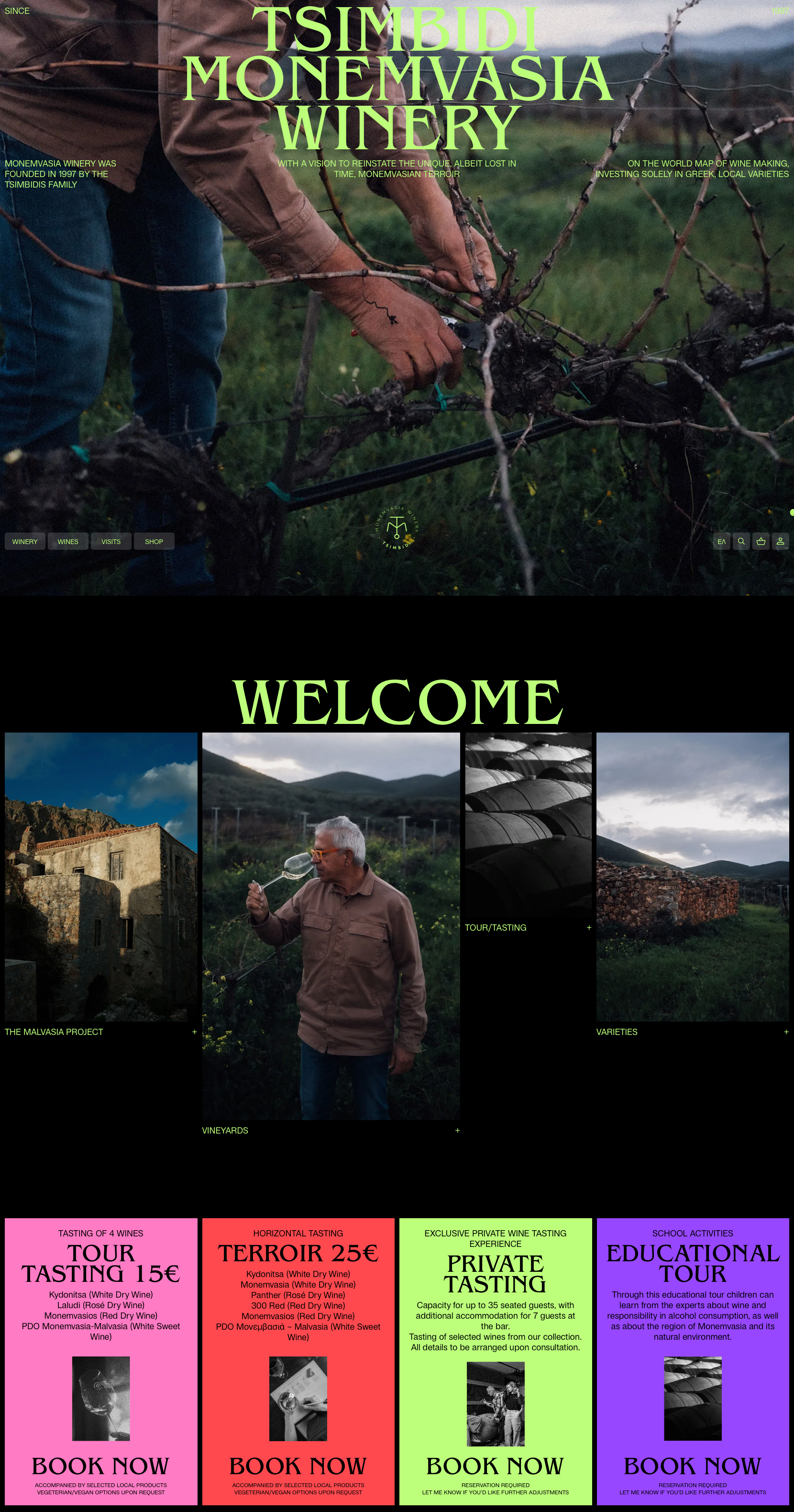 Monemvasia Winery E-commerce website - Greek winery blending tradition and modernity with vibrant neon-inspired colour palette. Striking fluorescent green dominates the design with bold pink, red, and purple accents