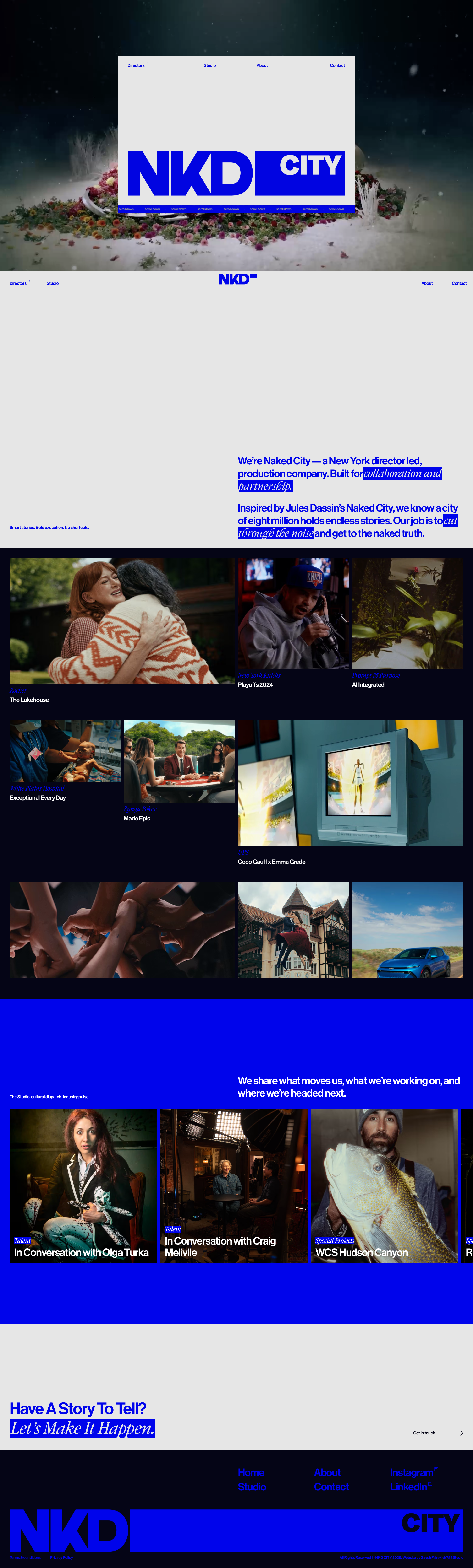 Naked City Films Portfolio website full page screenshot showing light colour scheme with 3 colours - Film production company with a bold, high-contrast design. Electric blue dominates the palette, creating a vibrant cinematic feel against clean off-white and deep off-black. Minimal colour usage that lets the work speak for itself.