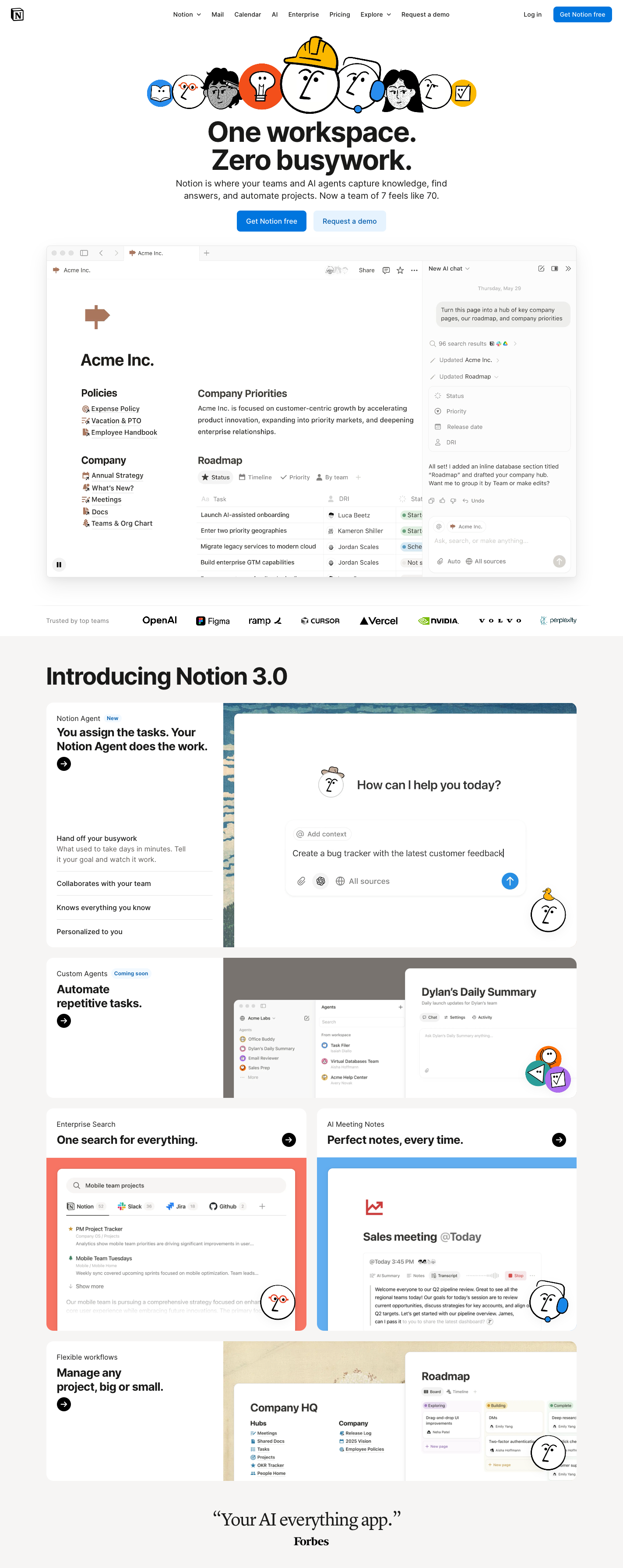 Notion SaaS website full page screenshot showing light colour scheme with 8 colours - AI-powered workspace platform combining document creation, project management, and knowledge management. Clean, minimal interface with whites and soft greys, accented by a bright blue for CTAs.