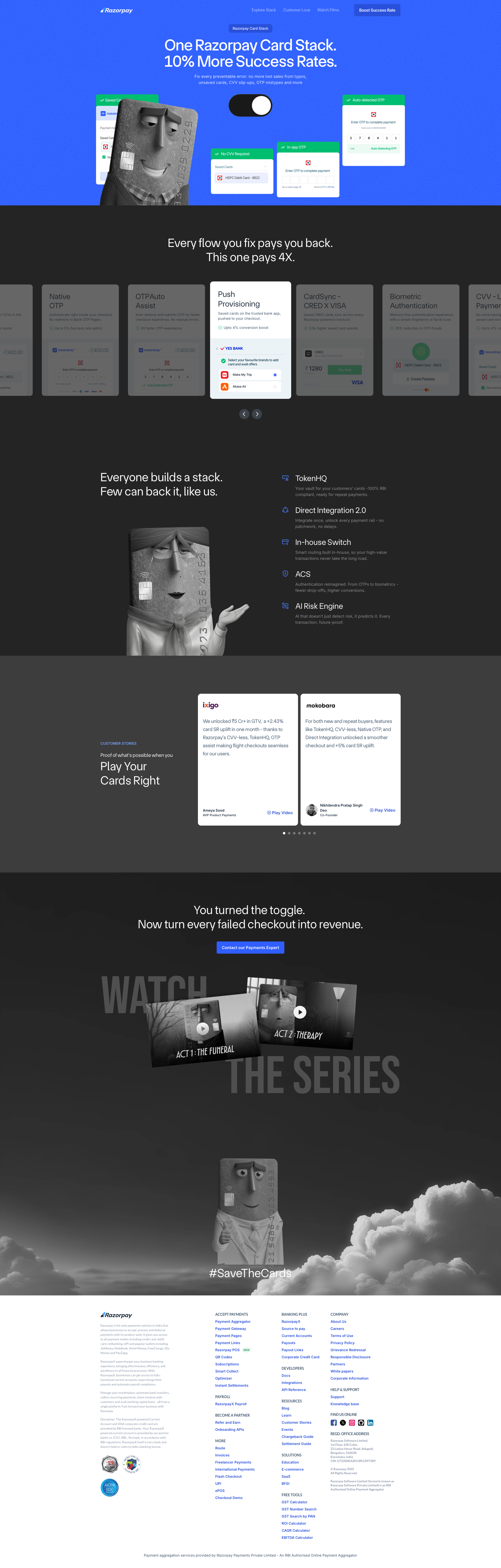 Razorpay SaaS website full page screenshot showing dark colour scheme with 6 colours - Payment gateway and financial services platform with striking monochrome design using sparse electric blue accents for storytelling. The site cleverly uses grayscale to represent the dullness (a'la Rumblefish) before using Razorpay, then introduces vibrant blue to show the transformation after. Fantastic use of character animations throughout.