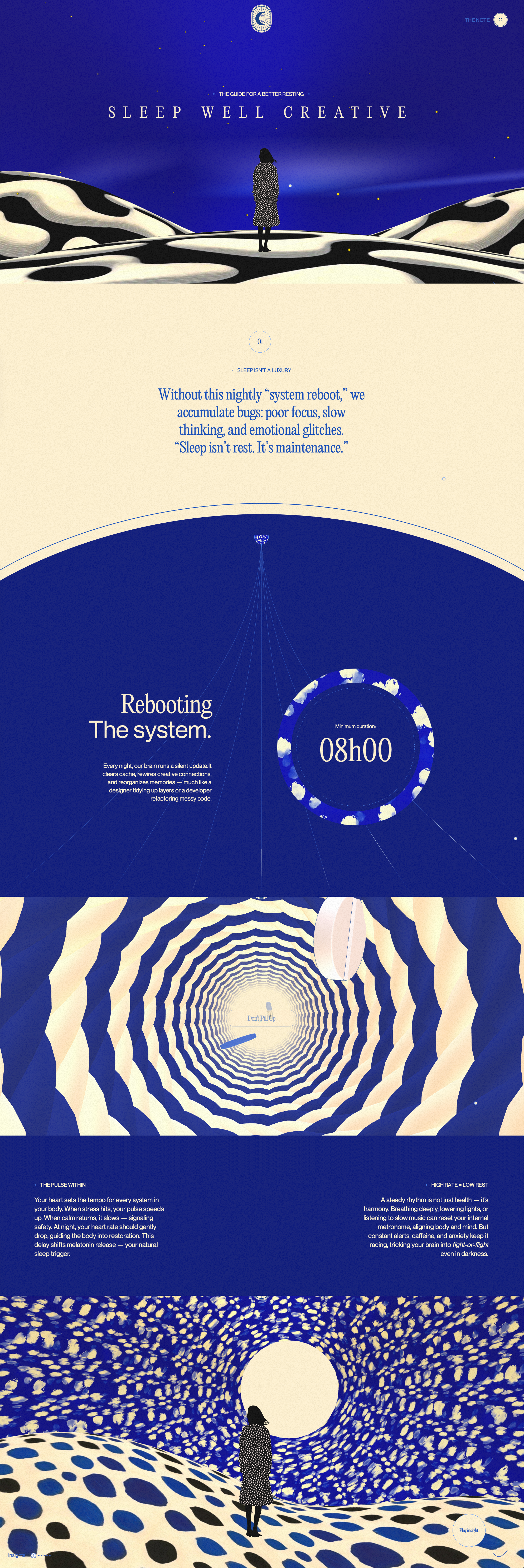 Sleep Well Creatives Portfolio website full page screenshot showing dark colour scheme with 6 colours - An incredible immersive dream-like experience for designers and creatives seeking balance, better focus, and more efficient sleep. Limited colour palette of midnight blue and soft sand creates an atmospheric, meditative journey through handcrafted 3D environments.