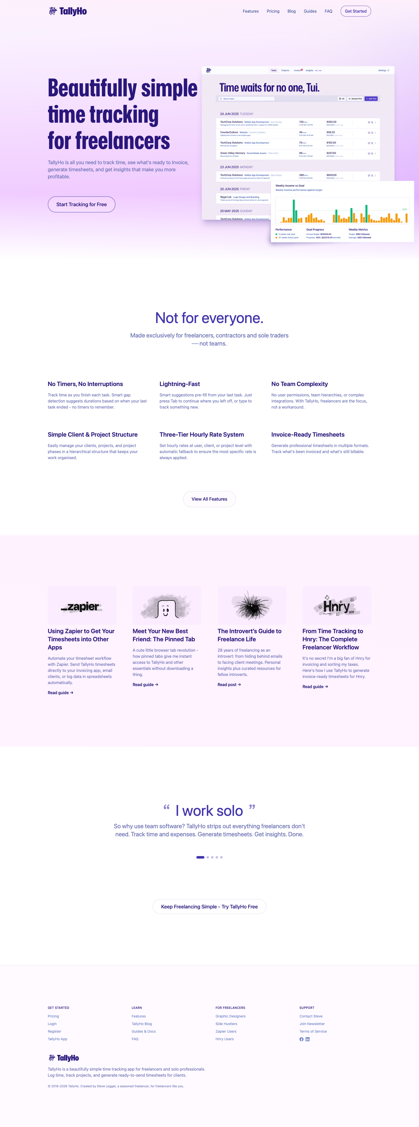 TallyHo SaaS website full page screenshot showing light colour scheme with 7 colours - Time tracking for freelancers built with SvelteKit and Tailwind v4. What stands out to me is the calming purple gradient palette with those pale, soft backgrounds - it makes the admin work feel less tedious. The colour choices create this gentle, approachable atmosphere.