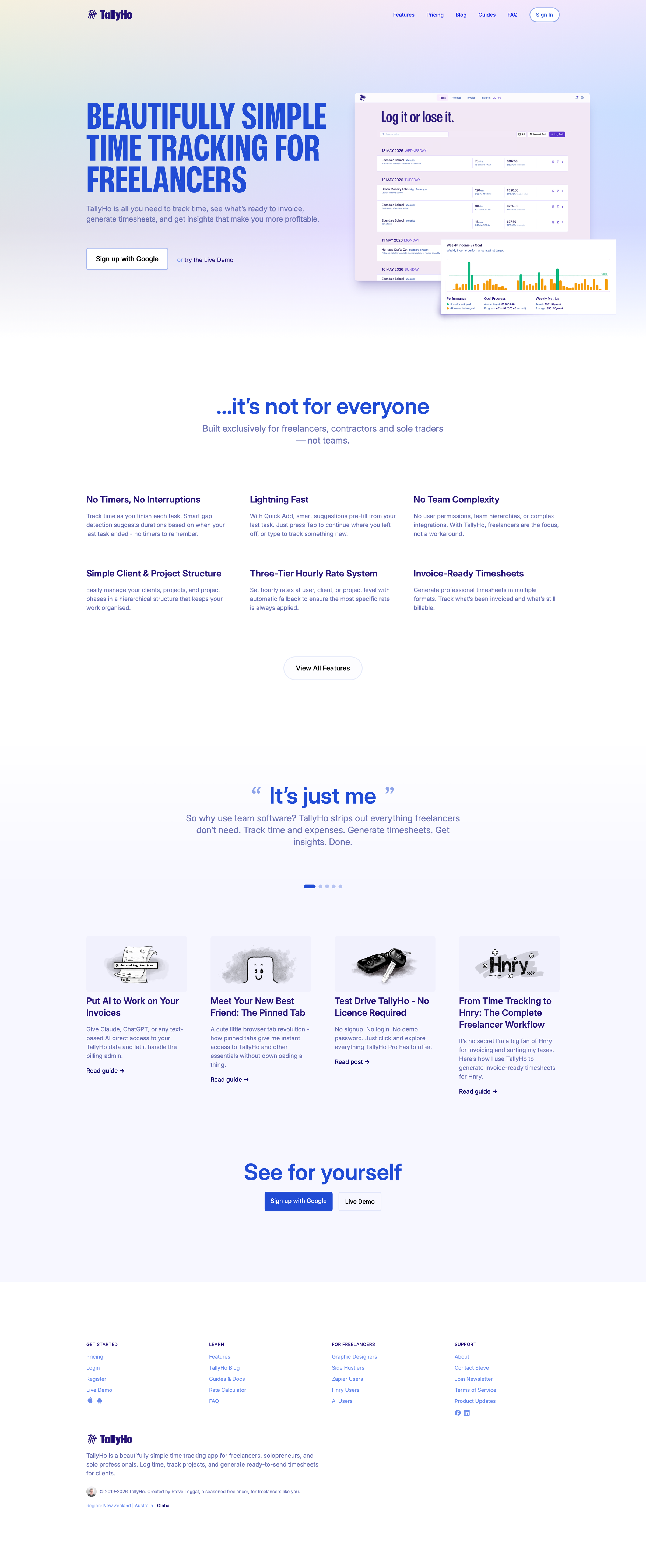 TallyHo SaaS website - A slick, pared-back time tracking for freelancers and the self-employed. A great choice of colours - electric blue headers against calming pastel backgrounds.